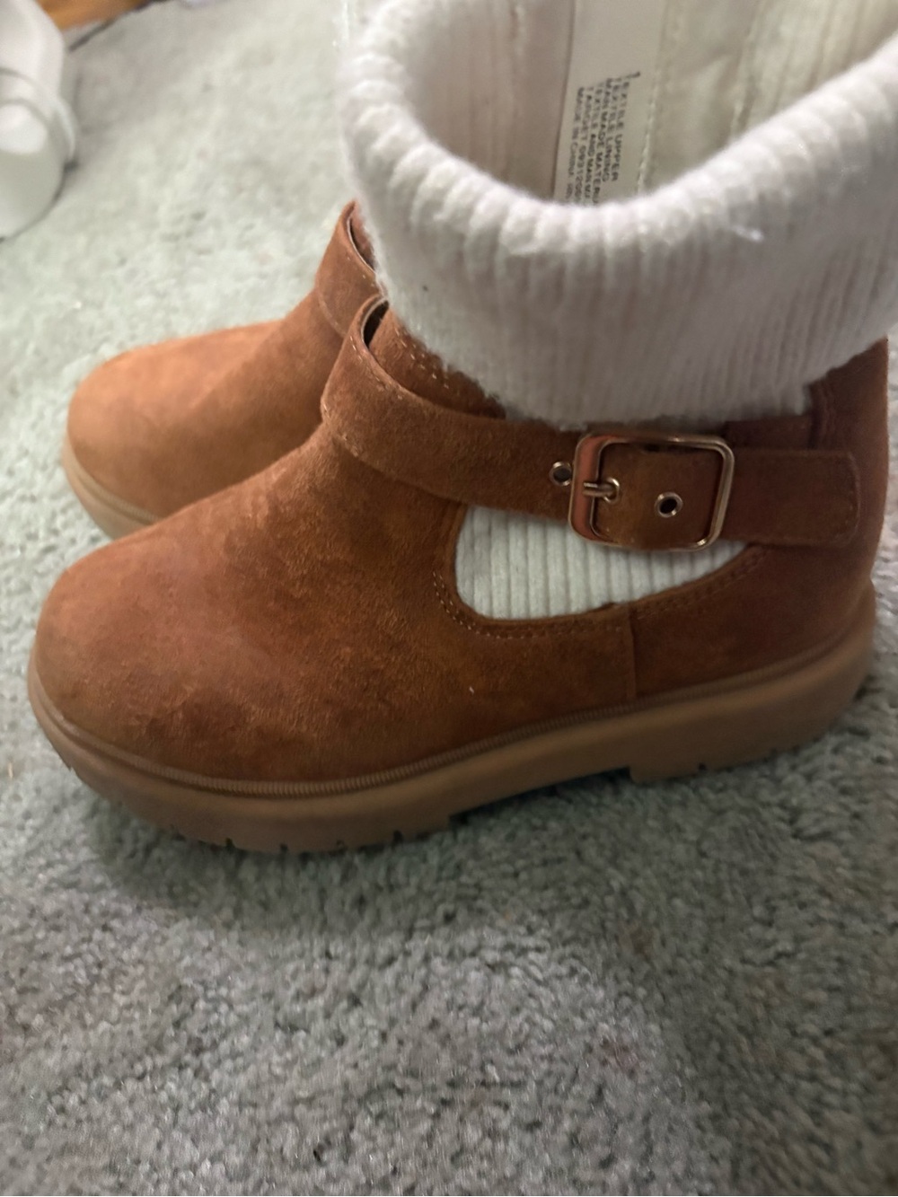 Source Unknown Kids Suede Ankle Boots in Tan with White Knit Cuff